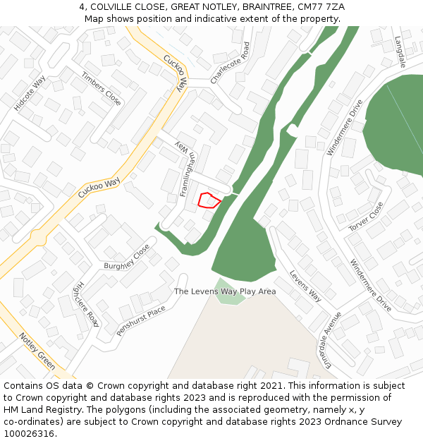 4, COLVILLE CLOSE, GREAT NOTLEY, BRAINTREE, CM77 7ZA: Location map and indicative extent of plot