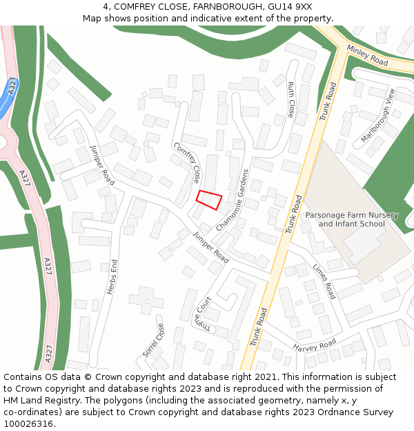 4, COMFREY CLOSE, FARNBOROUGH, GU14 9XX: Location map and indicative extent of plot