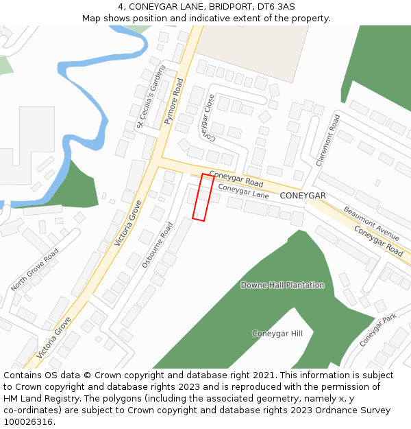 4, CONEYGAR LANE, BRIDPORT, DT6 3AS: Location map and indicative extent of plot