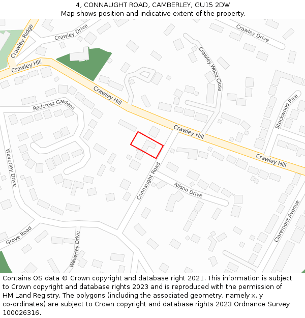 4, CONNAUGHT ROAD, CAMBERLEY, GU15 2DW: Location map and indicative extent of plot