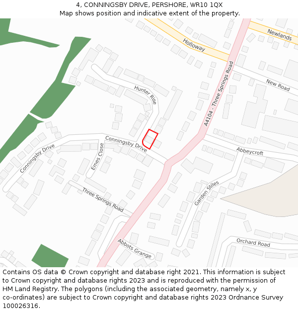 4, CONNINGSBY DRIVE, PERSHORE, WR10 1QX: Location map and indicative extent of plot