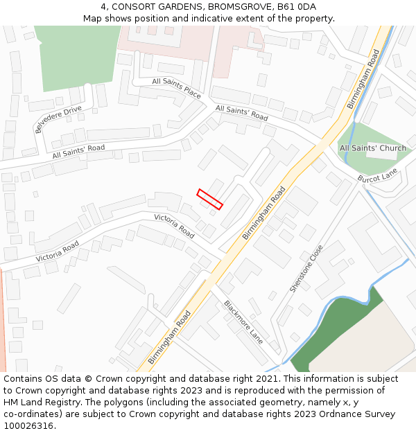 4, CONSORT GARDENS, BROMSGROVE, B61 0DA: Location map and indicative extent of plot