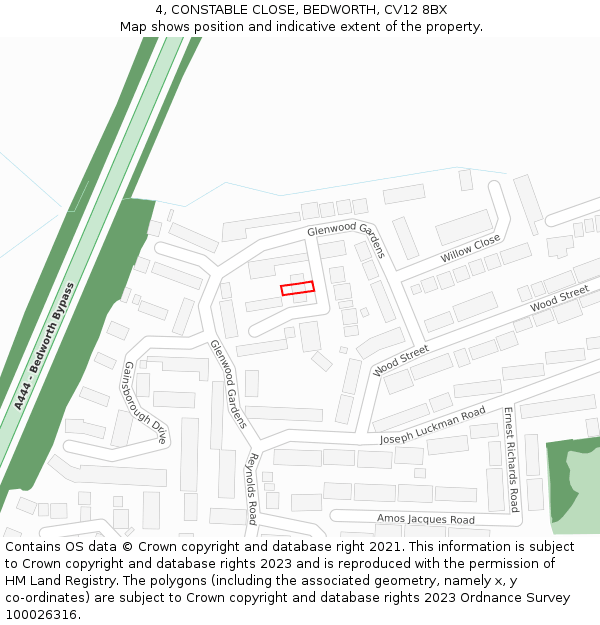 4, CONSTABLE CLOSE, BEDWORTH, CV12 8BX: Location map and indicative extent of plot