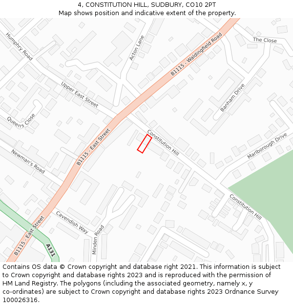 4, CONSTITUTION HILL, SUDBURY, CO10 2PT: Location map and indicative extent of plot