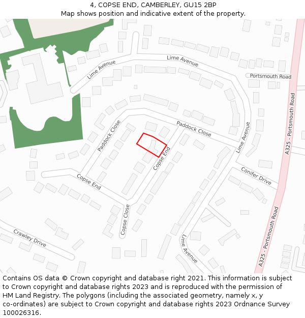 4, COPSE END, CAMBERLEY, GU15 2BP: Location map and indicative extent of plot