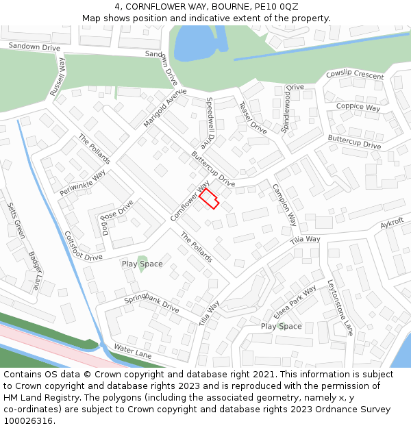 4, CORNFLOWER WAY, BOURNE, PE10 0QZ: Location map and indicative extent of plot