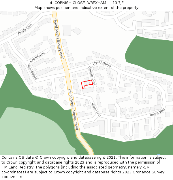 4, CORNISH CLOSE, WREXHAM, LL13 7JE: Location map and indicative extent of plot