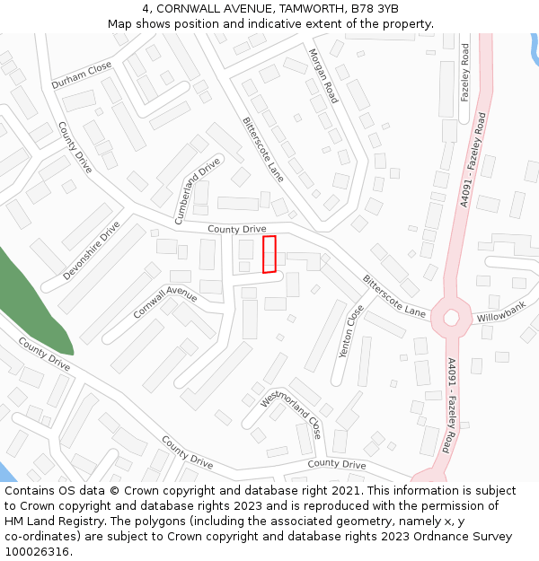 4, CORNWALL AVENUE, TAMWORTH, B78 3YB: Location map and indicative extent of plot