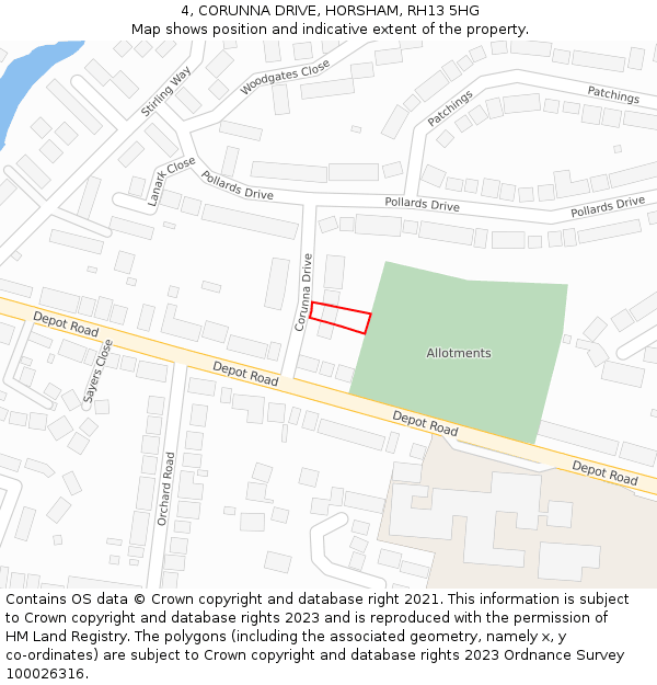 4, CORUNNA DRIVE, HORSHAM, RH13 5HG: Location map and indicative extent of plot