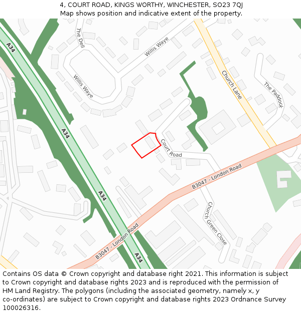 4, COURT ROAD, KINGS WORTHY, WINCHESTER, SO23 7QJ: Location map and indicative extent of plot