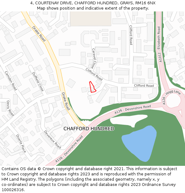 4, COURTENAY DRIVE, CHAFFORD HUNDRED, GRAYS, RM16 6NX: Location map and indicative extent of plot