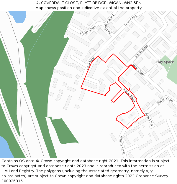 4, COVERDALE CLOSE, PLATT BRIDGE, WIGAN, WN2 5EN: Location map and indicative extent of plot