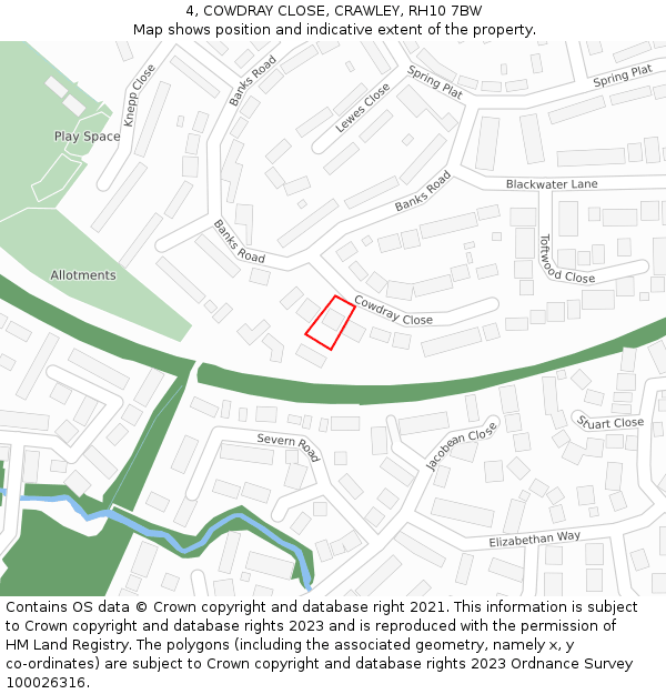 4, COWDRAY CLOSE, CRAWLEY, RH10 7BW: Location map and indicative extent of plot