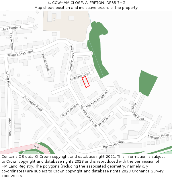 4, COWHAM CLOSE, ALFRETON, DE55 7HG: Location map and indicative extent of plot