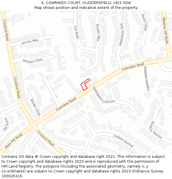 4, COWRAKES COURT, HUDDERSFIELD, HD3 3GW: Location map and indicative extent of plot