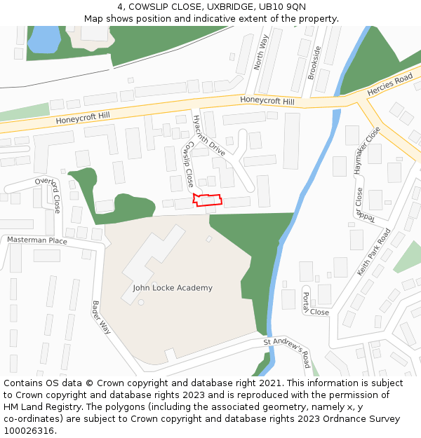 4, COWSLIP CLOSE, UXBRIDGE, UB10 9QN: Location map and indicative extent of plot