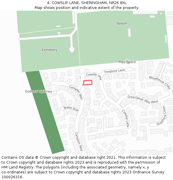 4, COWSLIP LANE, SHERINGHAM, NR26 8XL: Location map and indicative extent of plot