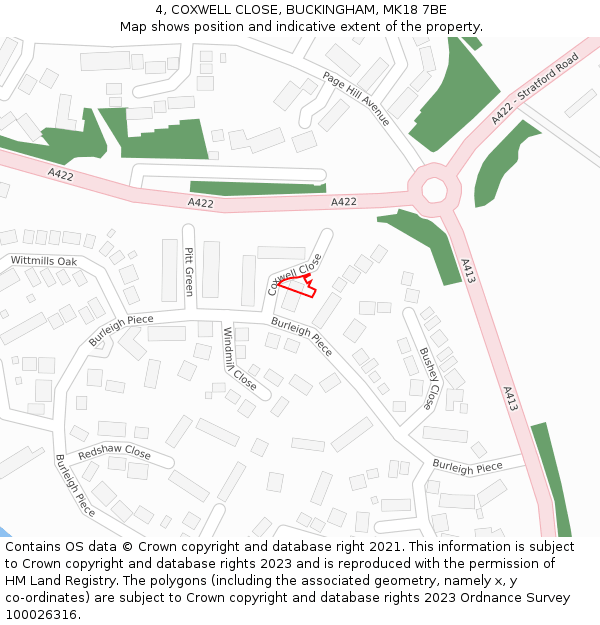 4, COXWELL CLOSE, BUCKINGHAM, MK18 7BE: Location map and indicative extent of plot