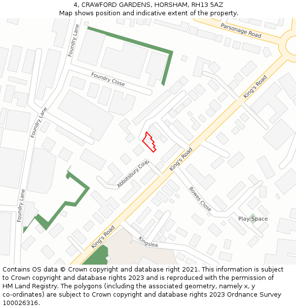 4, CRAWFORD GARDENS, HORSHAM, RH13 5AZ: Location map and indicative extent of plot