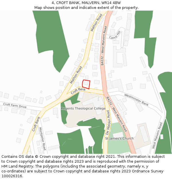 4, CROFT BANK, MALVERN, WR14 4BW: Location map and indicative extent of plot