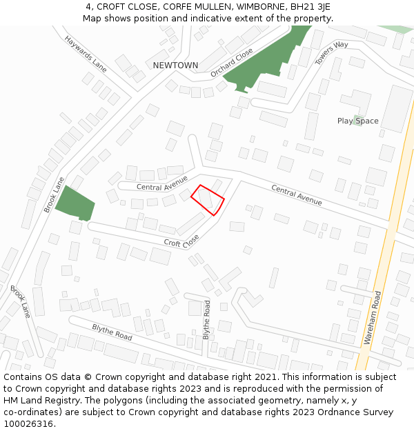 4, CROFT CLOSE, CORFE MULLEN, WIMBORNE, BH21 3JE: Location map and indicative extent of plot