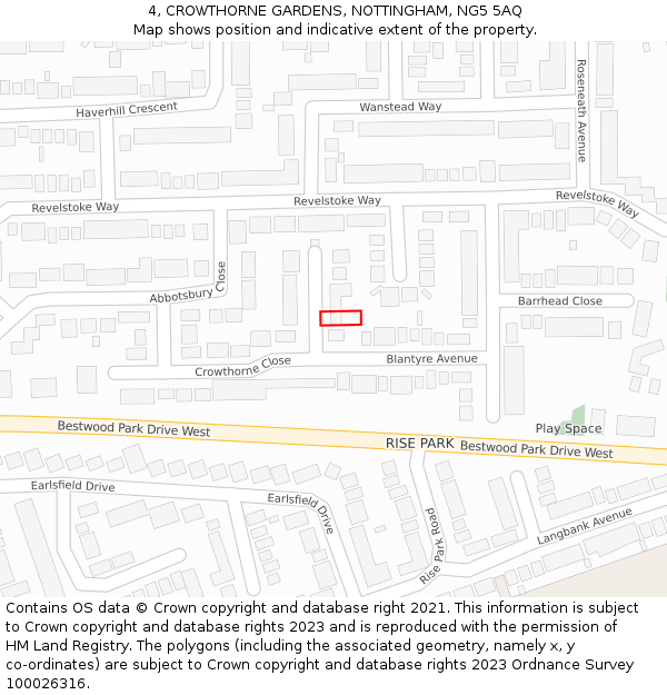 4, CROWTHORNE GARDENS, NOTTINGHAM, NG5 5AQ: Location map and indicative extent of plot