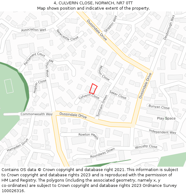 4, CULVERIN CLOSE, NORWICH, NR7 0TT: Location map and indicative extent of plot