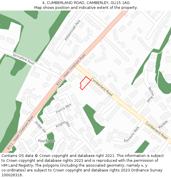 4, CUMBERLAND ROAD, CAMBERLEY, GU15 1AG: Location map and indicative extent of plot