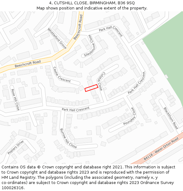 4, CUTSHILL CLOSE, BIRMINGHAM, B36 9SQ: Location map and indicative extent of plot