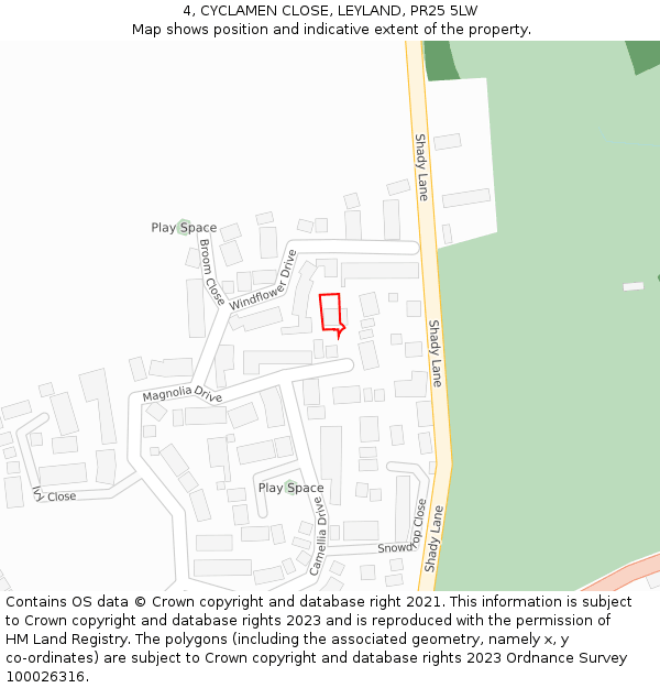 4, CYCLAMEN CLOSE, LEYLAND, PR25 5LW: Location map and indicative extent of plot
