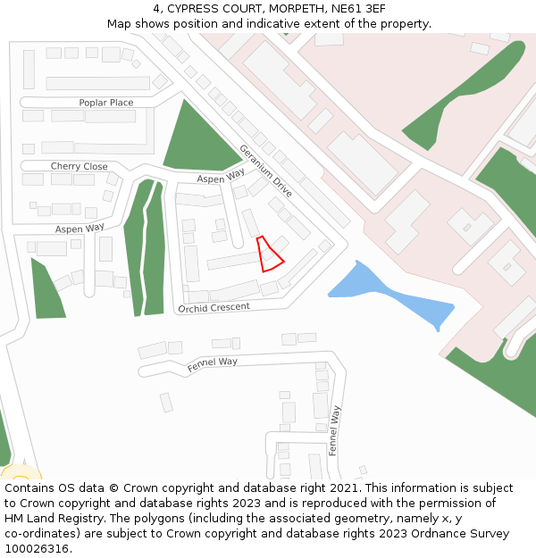 4, CYPRESS COURT, MORPETH, NE61 3EF: Location map and indicative extent of plot