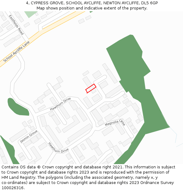 4, CYPRESS GROVE, SCHOOL AYCLIFFE, NEWTON AYCLIFFE, DL5 6GP: Location map and indicative extent of plot