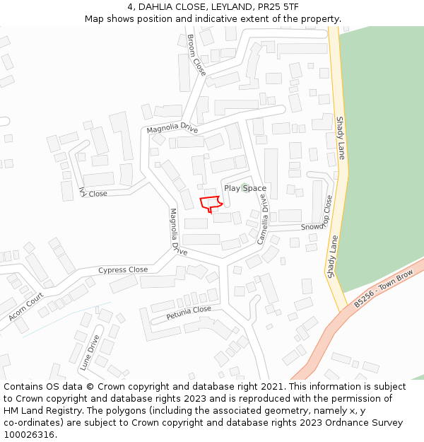 4, DAHLIA CLOSE, LEYLAND, PR25 5TF: Location map and indicative extent of plot