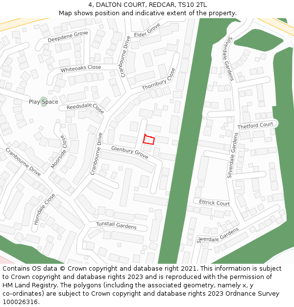 4, DALTON COURT, REDCAR, TS10 2TL: Location map and indicative extent of plot