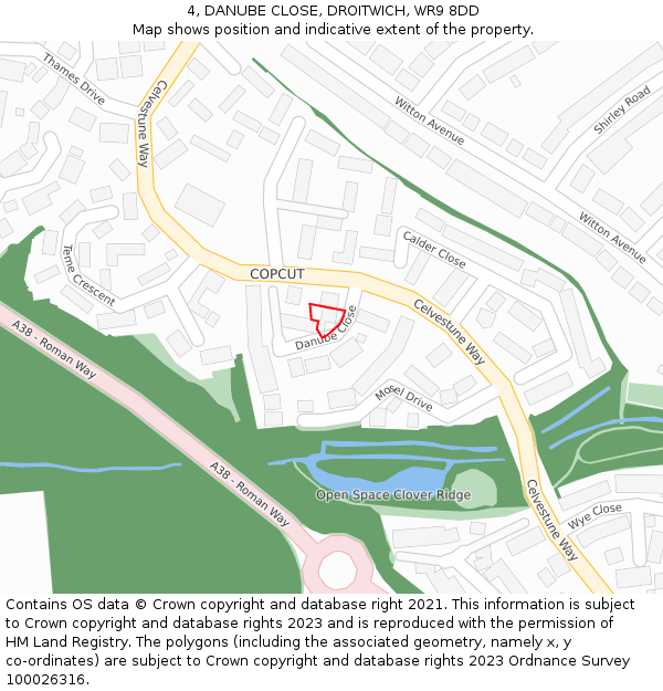 4, DANUBE CLOSE, DROITWICH, WR9 8DD: Location map and indicative extent of plot