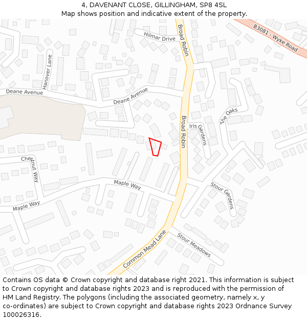 4, DAVENANT CLOSE, GILLINGHAM, SP8 4SL: Location map and indicative extent of plot