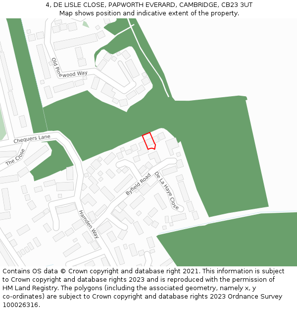 4, DE LISLE CLOSE, PAPWORTH EVERARD, CAMBRIDGE, CB23 3UT: Location map and indicative extent of plot