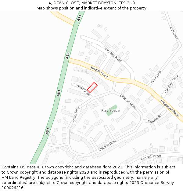 4, DEAN CLOSE, MARKET DRAYTON, TF9 3UR: Location map and indicative extent of plot