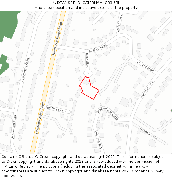 4, DEANSFIELD, CATERHAM, CR3 6BL: Location map and indicative extent of plot