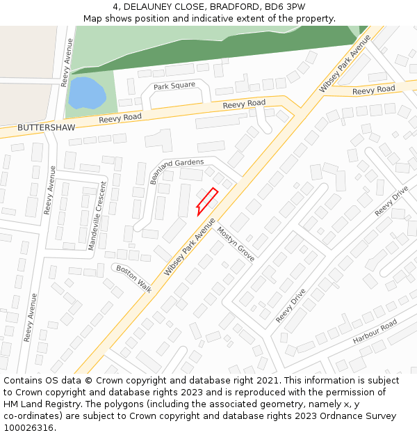 4, DELAUNEY CLOSE, BRADFORD, BD6 3PW: Location map and indicative extent of plot