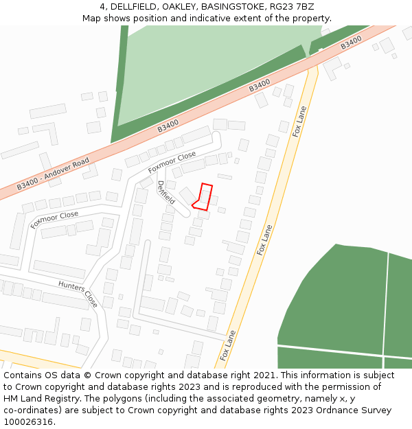 4, DELLFIELD, OAKLEY, BASINGSTOKE, RG23 7BZ: Location map and indicative extent of plot