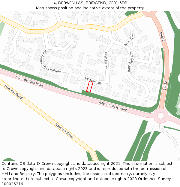 4, DERWEN LAS, BRIDGEND, CF31 5DP: Location map and indicative extent of plot