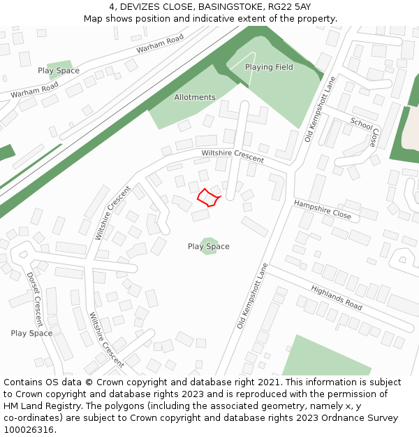 4, DEVIZES CLOSE, BASINGSTOKE, RG22 5AY: Location map and indicative extent of plot