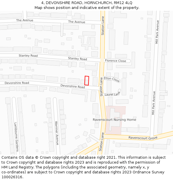 4, DEVONSHIRE ROAD, HORNCHURCH, RM12 4LQ: Location map and indicative extent of plot