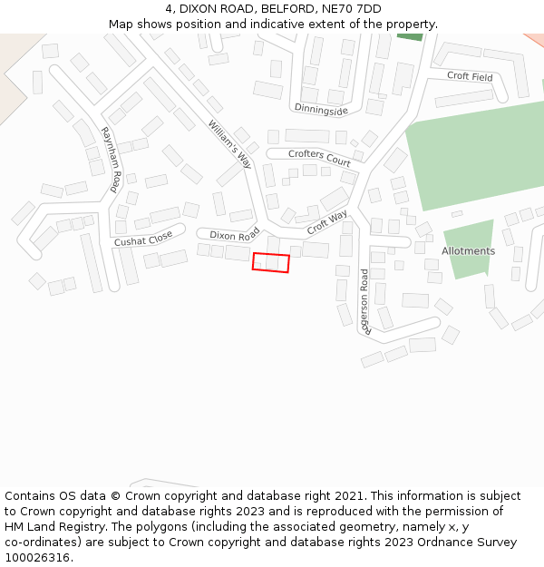 4, DIXON ROAD, BELFORD, NE70 7DD: Location map and indicative extent of plot