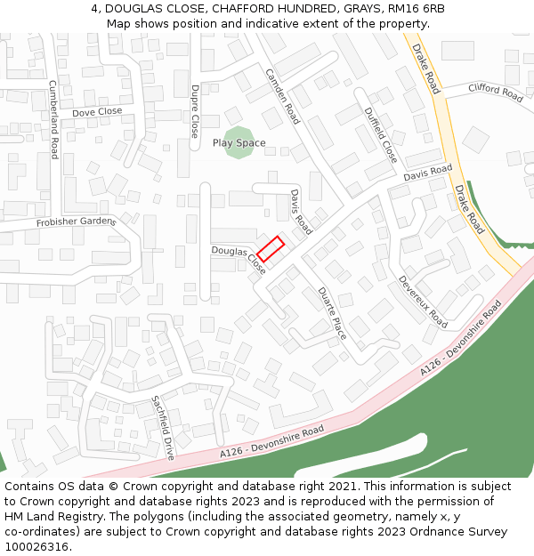 4, DOUGLAS CLOSE, CHAFFORD HUNDRED, GRAYS, RM16 6RB: Location map and indicative extent of plot