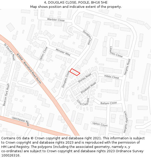 4, DOUGLAS CLOSE, POOLE, BH16 5HE: Location map and indicative extent of plot