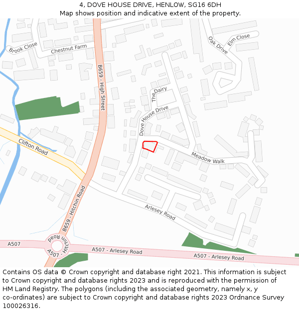 4, DOVE HOUSE DRIVE, HENLOW, SG16 6DH: Location map and indicative extent of plot