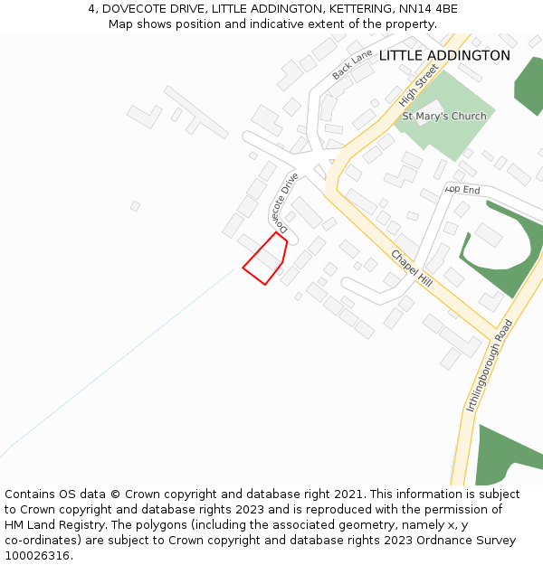 4, DOVECOTE DRIVE, LITTLE ADDINGTON, KETTERING, NN14 4BE: Location map and indicative extent of plot