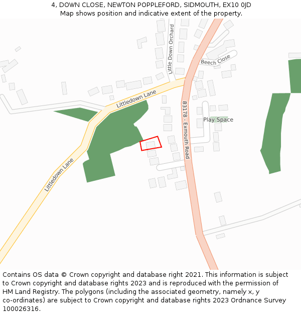 4, DOWN CLOSE, NEWTON POPPLEFORD, SIDMOUTH, EX10 0JD: Location map and indicative extent of plot